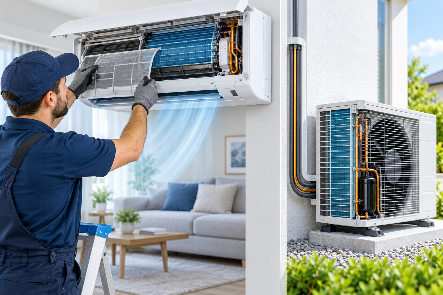 Un technicien contrôle les unités intérieure et extérieure d’une climatisation