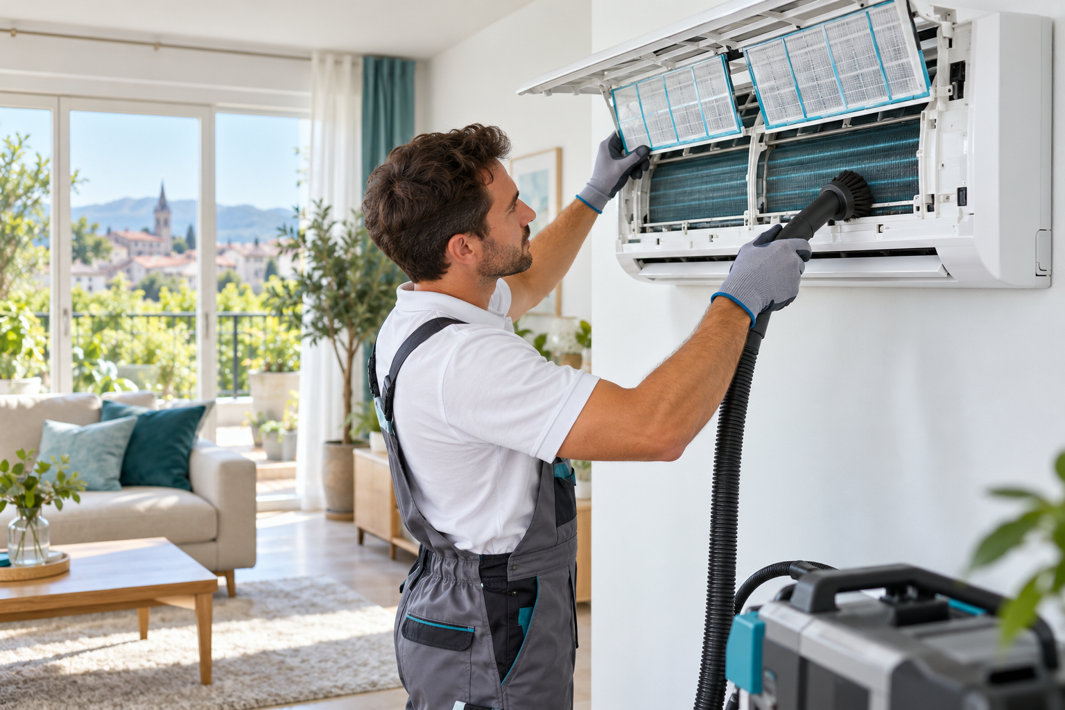 Un professionnel nettoie le filtre et l’unité intérieure d’une climatisation